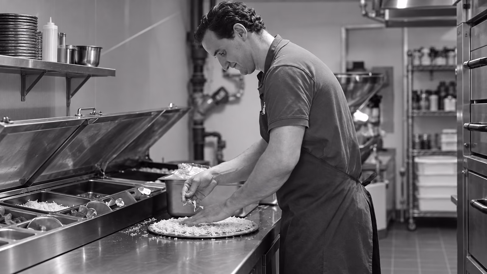 A Delish Pizza team member sprinkling cheese on a fresh pizza in the kitchen