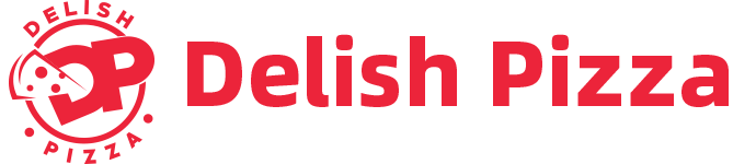 Delish Pizza logo featuring a stylized red ‘DP’ seal and the words ‘Delish Pizza’ in red text.